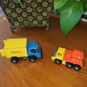 Vtg Tonka (2) Blue Cab & Yellow Box Truck with Yellow and Orange Mini Hauler
